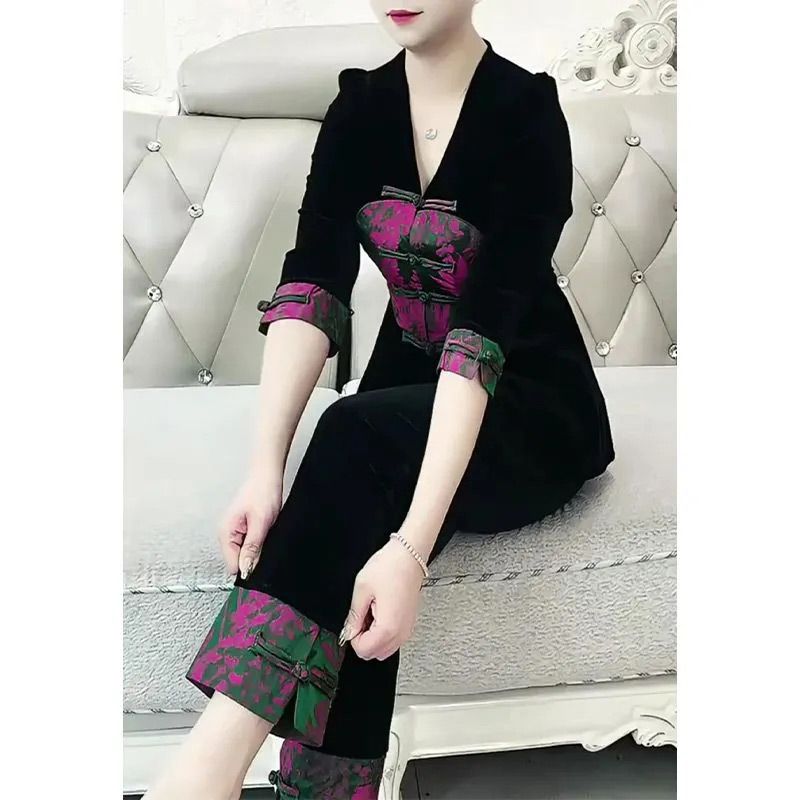 2025春秋新款国风丝绒大码显瘦中式盘扣七分袖上衣裤子两件套装女