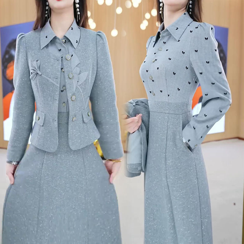 2025秋季新款时尚气质显瘦小香风外套蝴蝶结印花连衣裙两件套装女