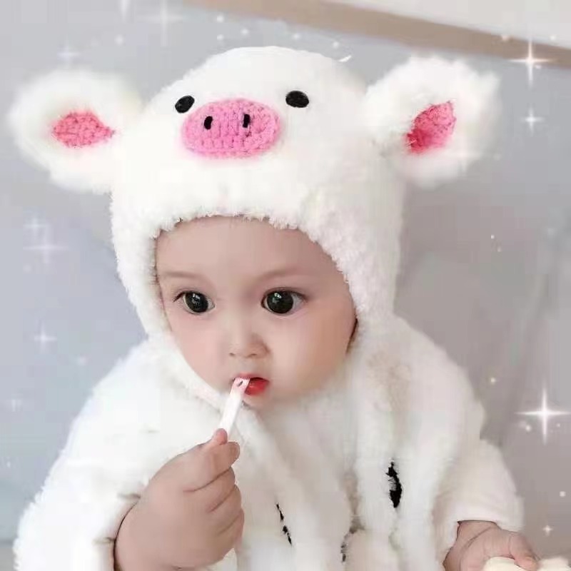珊瑚绒毛线小猪卡通帽