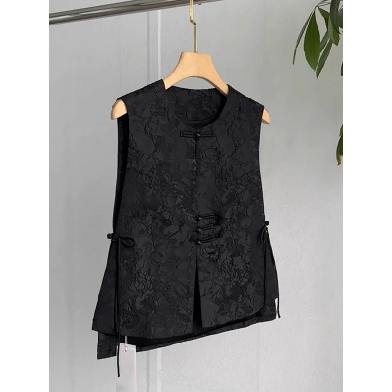 新中式黑色提花马甲外套女春秋新款气质小个子国风盘扣坎肩马夹女