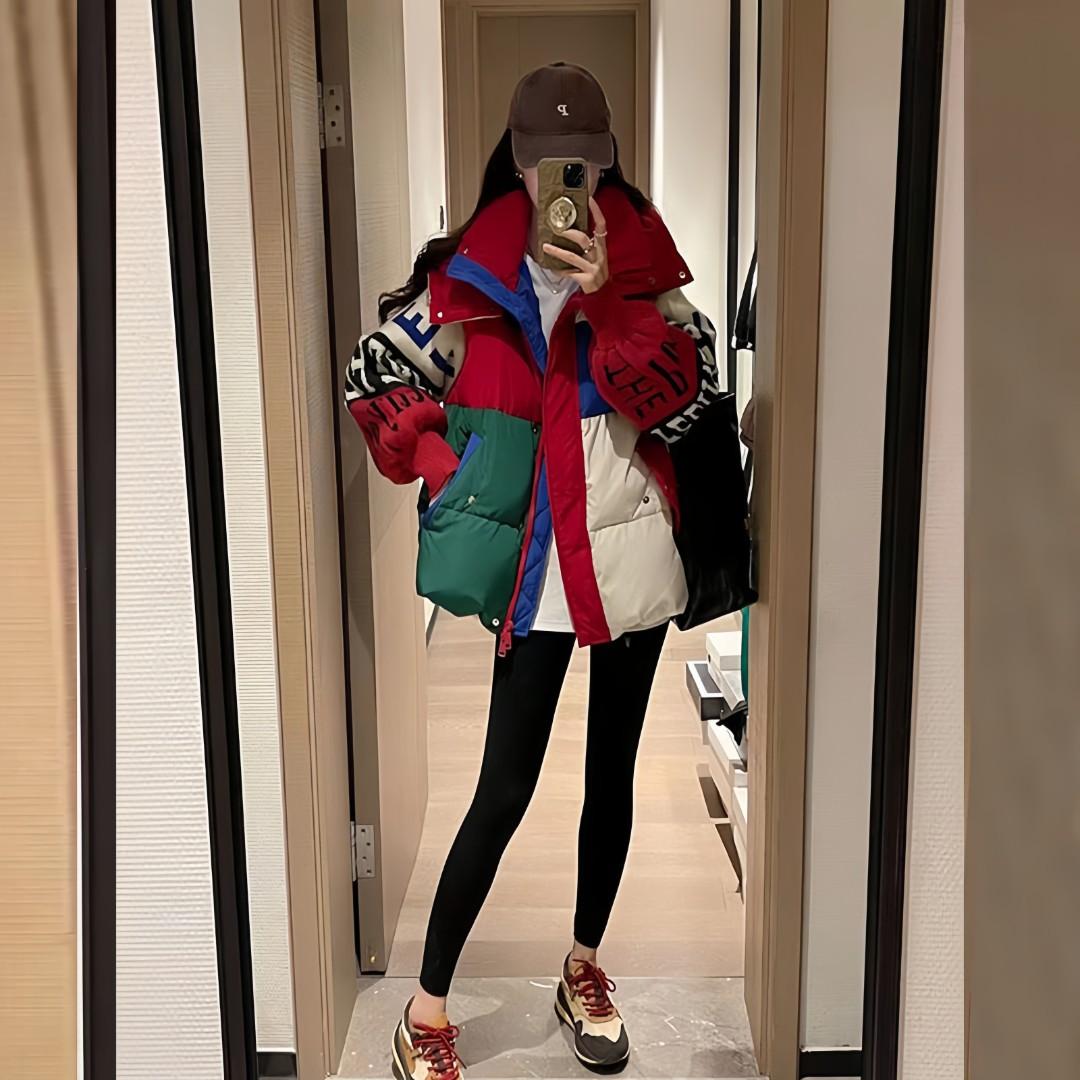 2025冬季新款宽松洋气针织袖拼色加厚白鸭绒欧货拼接女潮牌保暖