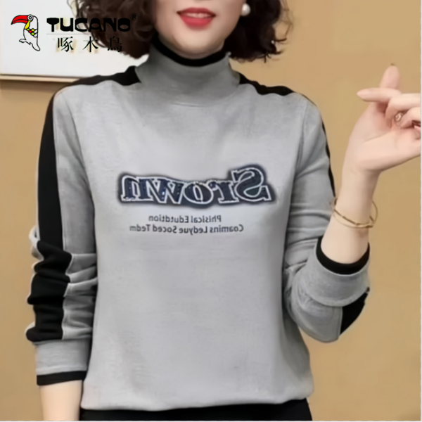 【啄木鳥】德绒秋冬半高领妈妈装长袖打底女上衣洋气百搭休闲