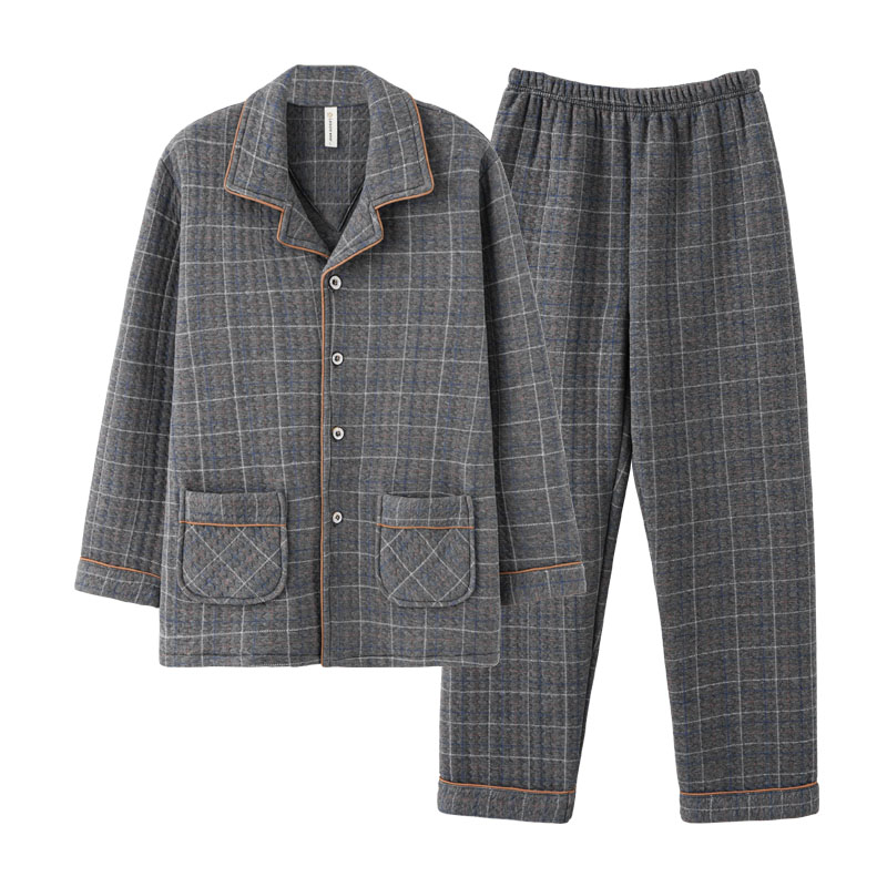 【纯棉加厚】秋冬季长袖夹层棉男款睡衣套装家居服空气棉薄夹棉