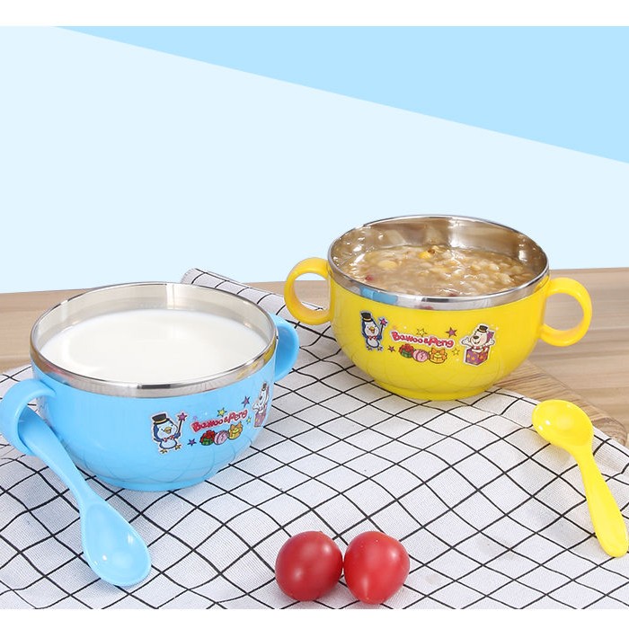 儿童不锈钢碗勺套装婴儿辅食碗带手柄餐具宝宝卡通隔热防摔双层碗