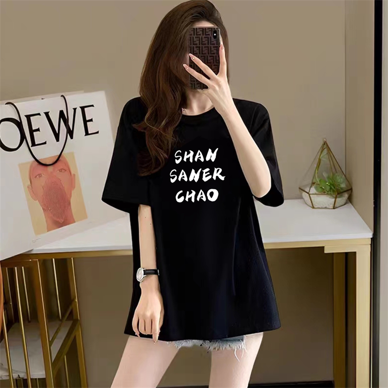 纯棉宽松短袖t恤女2023新款韩版简约字母印花中长款下衣失踪上衣