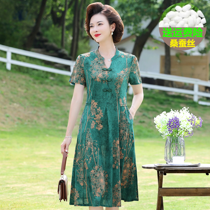 高贵母亲节洋气衣服妈妈夏装新中式连衣裙中老年人桑蚕丝气质裙子
