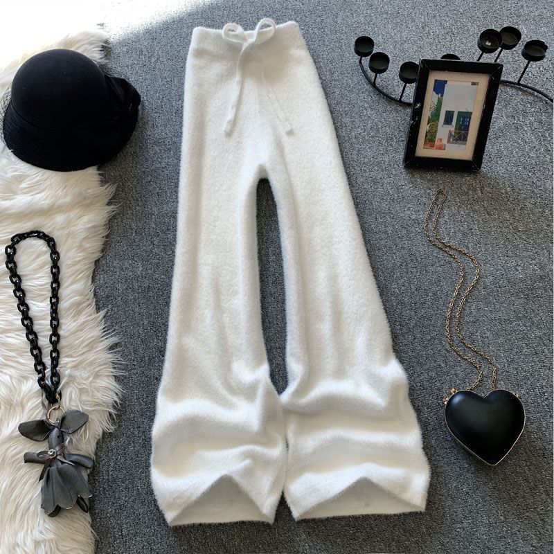 白色阔腿针织裤女秋冬季新款宽松拖地水貂绒软糯垂感直筒休闲长裤