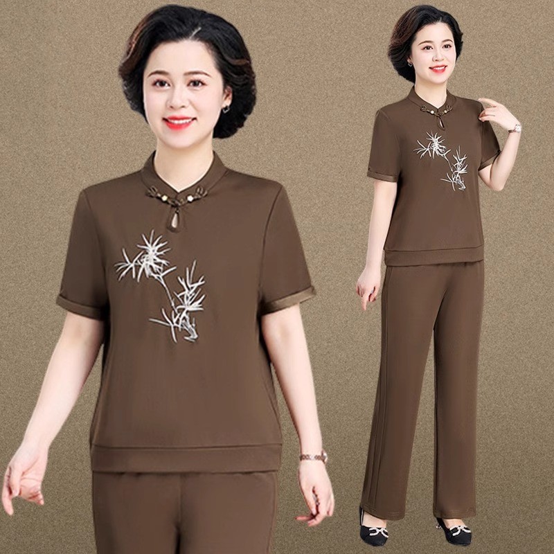 新中式妈妈装洋气夏装新款运动服套装中老年女装夏季国风T恤上衣