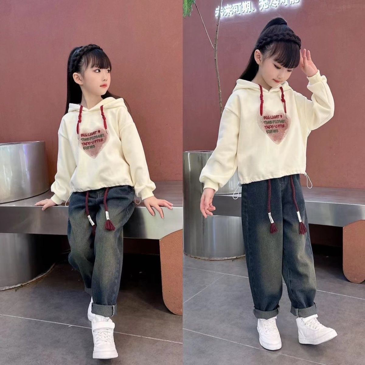 女童春秋季长袖连帽卫衣宽松套装2024新款洋气韩版中大儿童两件套