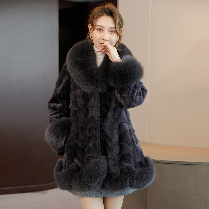 海宁冬季新款2024气质中长款狐狸毛领加厚皮大衣女保暖时尚外套