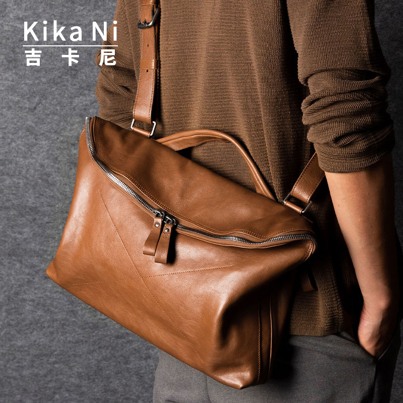 吉卡尼英伦复古邮差包质感植鞣皮简约斜挎包真皮电脑包通勤男高级