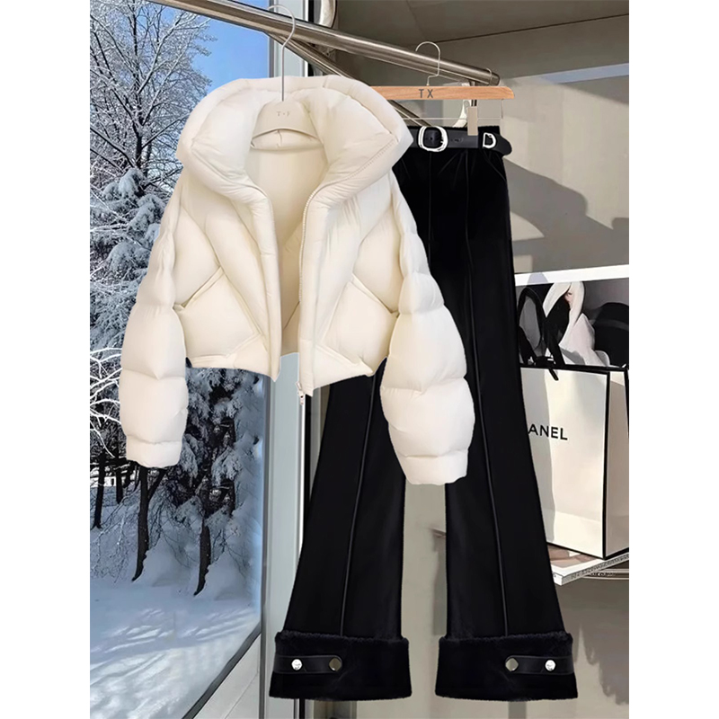 2025年新款设计感保暖加厚白色棉服休闲长裤两件套秋冬时尚套装女