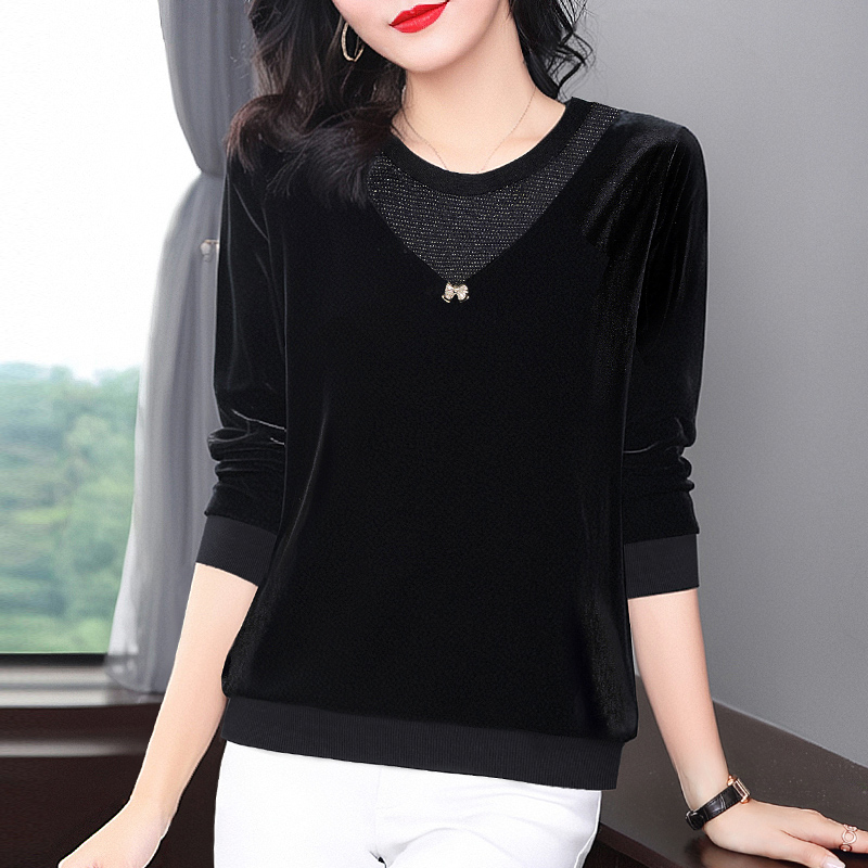 高端金丝绒上衣高贵洋气大码宽松黑色打底衫女春秋2025款长袖t恤