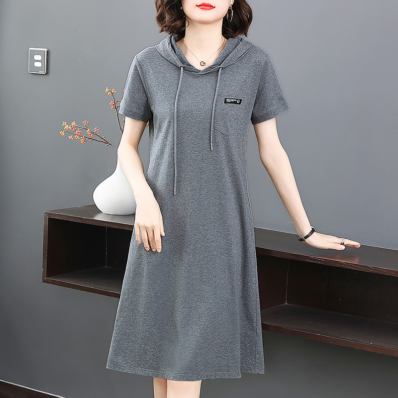 连帽短袖卫衣亲肤女夏季2025年新款胖mm大码休闲运动中长款裙子