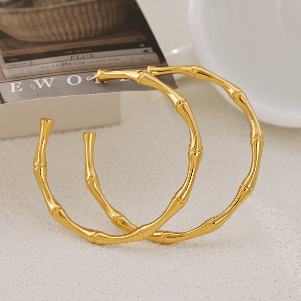 铜合金耳饰 镀18K金「竹子」大耳圈气质时尚中国风个性百搭高端耳环