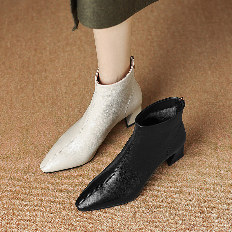 6CM复古粗跟短靴女时尚后拉链及踝靴2024秋冬新款高跟时装靴百搭