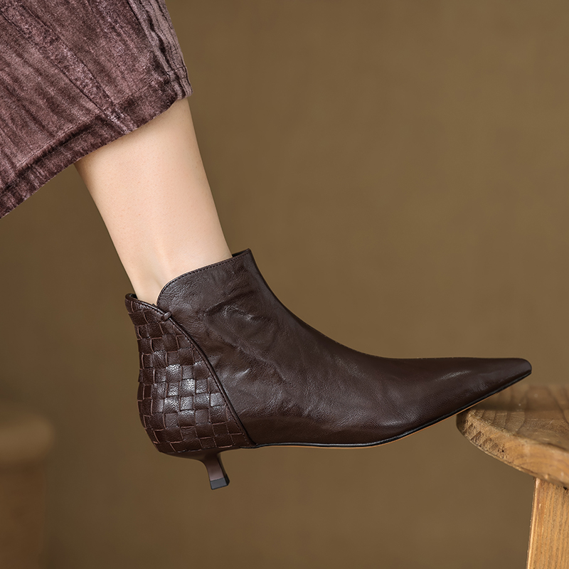 3.5CM真皮尖头细跟短靴棕色法式时尚编织高跟鞋秋冬百搭小跟裸靴