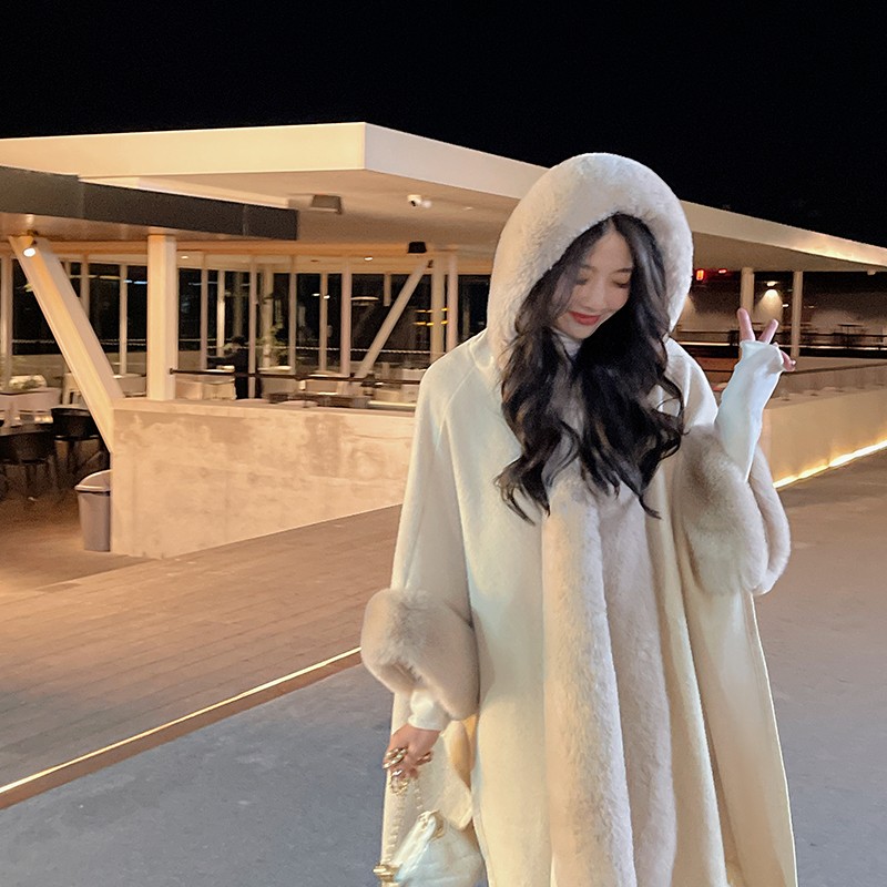 加绒加厚披肩外套女2024秋冬新款时尚针织大毛领披风连帽斗篷外搭