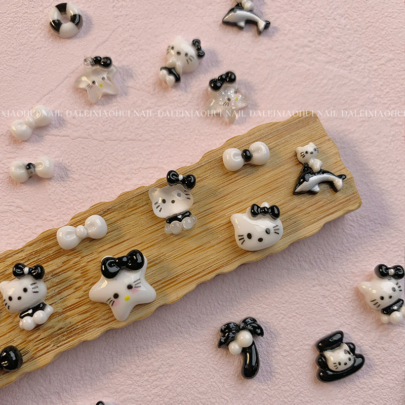 新款网红可爱KT猫美甲饰品 豹纹kitty黑白咖色蓝色卡通穿戴甲960