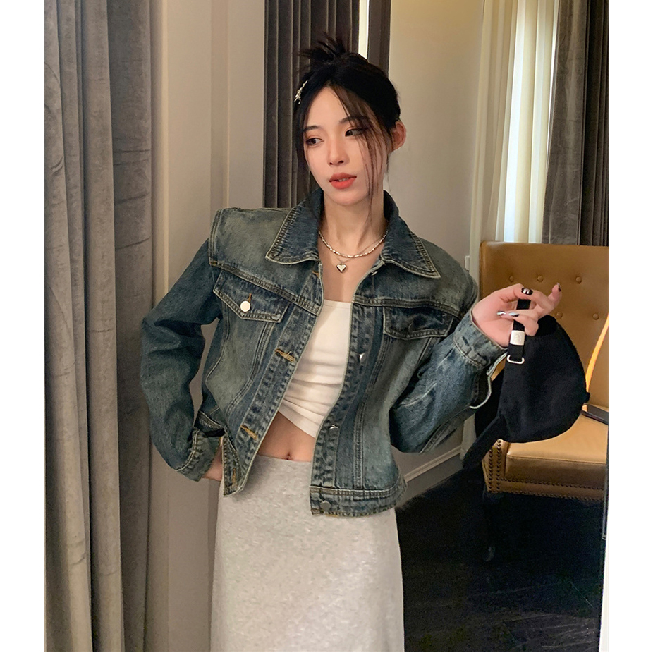 春季新款美式复古短款牛仔少女外套水洗设计感宽松百搭夹克上衣女