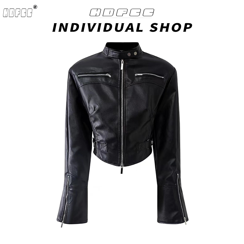 美式复古经典黑色机车皮衣外套女春秋设计感立领修身百搭夹克上衣