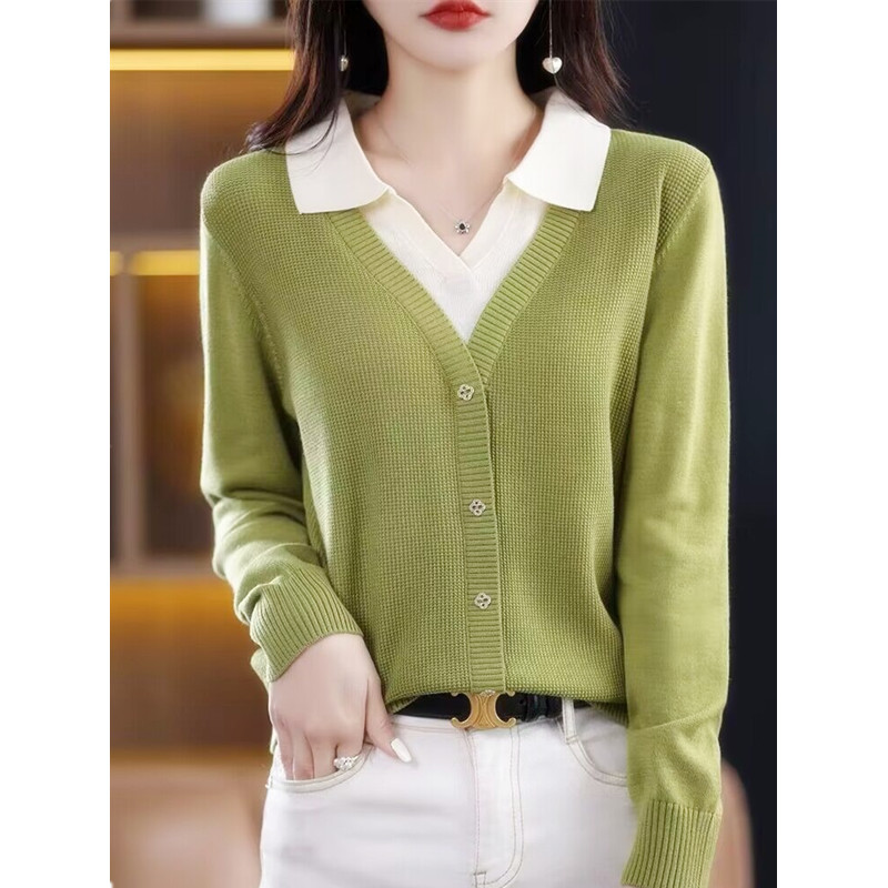 2025春秋新款洋气Polo领假两件套头女长袖百搭显瘦T恤针织打底衫