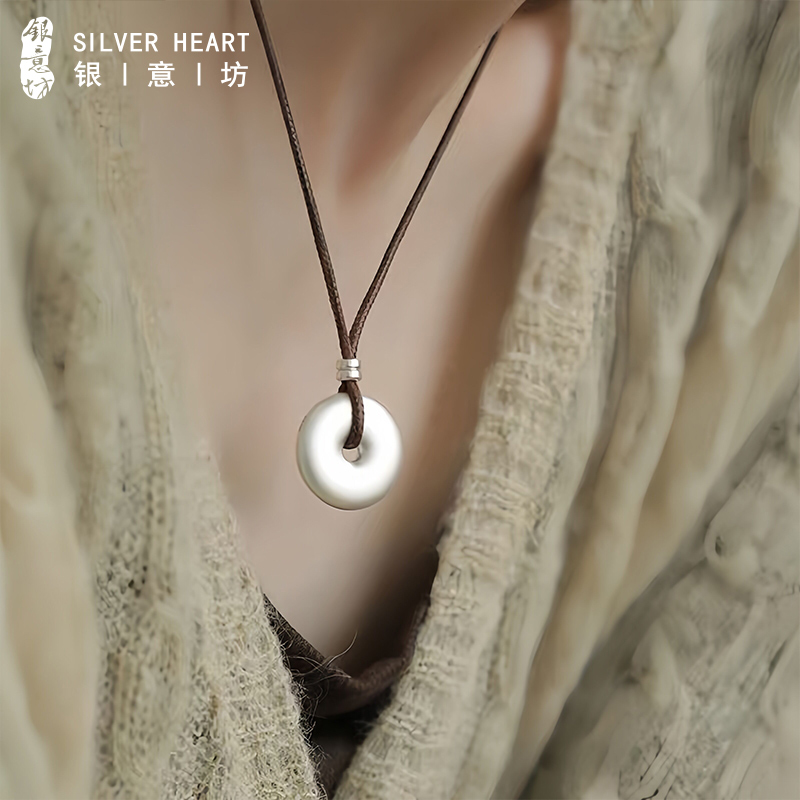 吊坠足银 9999纯银古法平安扣吊坠男女情侣项链小众银饰生日礼物