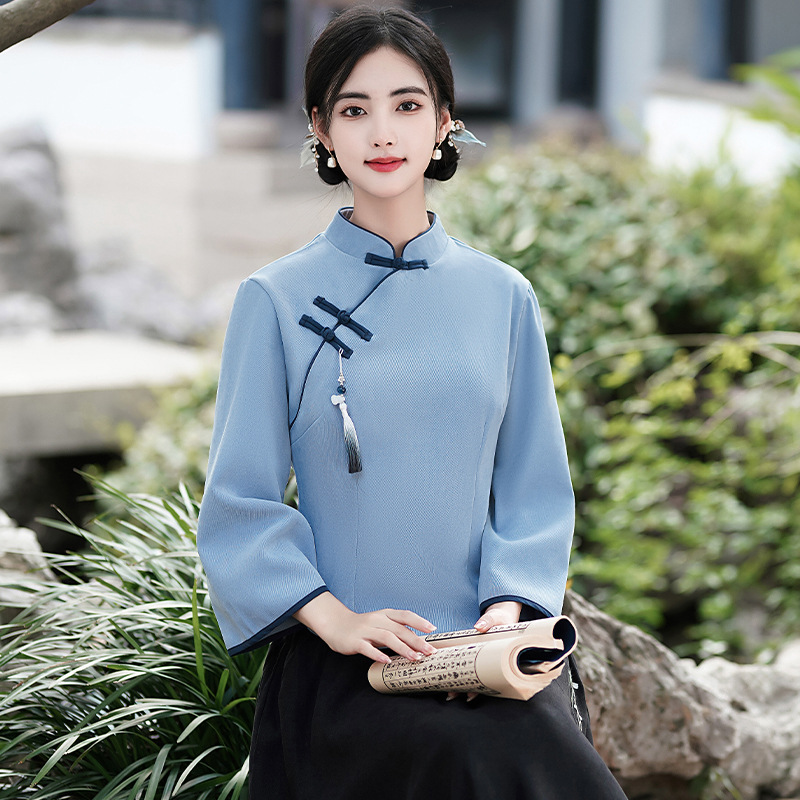 民国风女装长袖旗袍套装中式茶服汉服唐装上衣春秋款复古采耳服