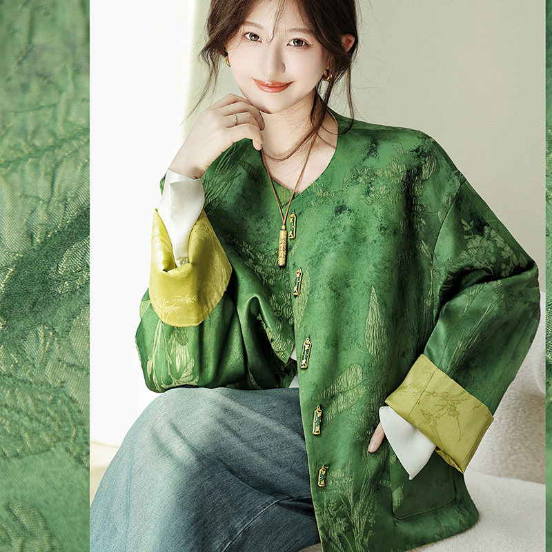中式双面国风外套|2024春秋新款印花圆领富家千金长袖外套女女款