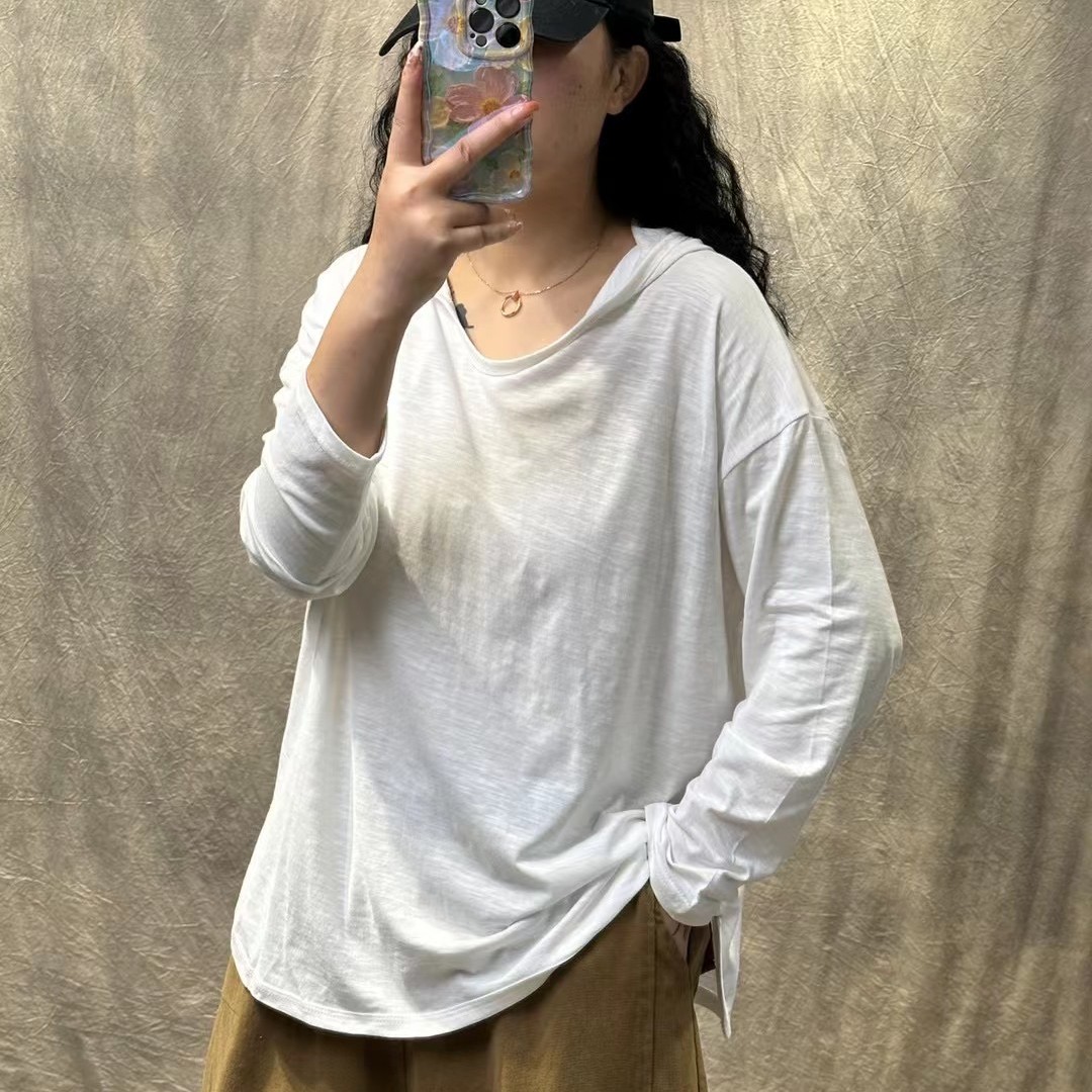 女士打底衫四季款比卫衣薄-V领帽衫薄款