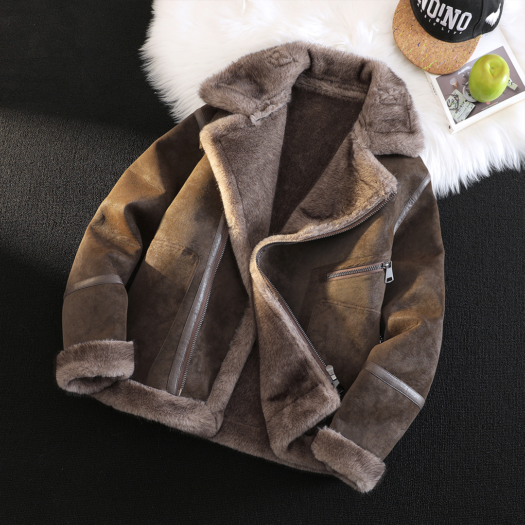 老钱风皮毛一体外套男冬季加绒加厚短款机车服防风保暖外套冬803