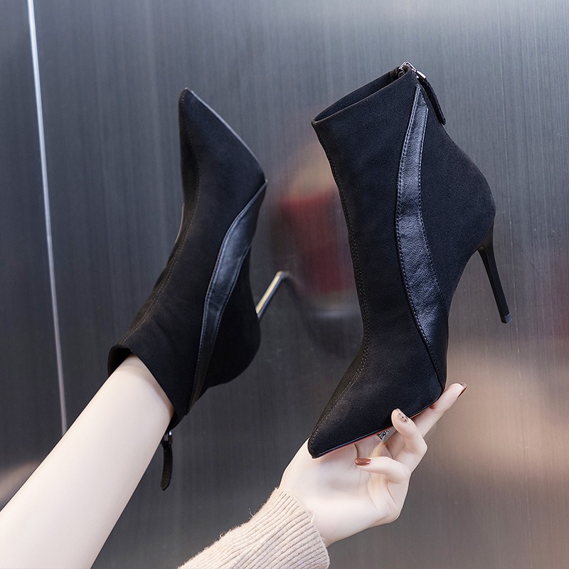[8CM]高跟短靴女细跟加绒瘦瘦靴2023年秋冬新款尖头后拉链时装靴