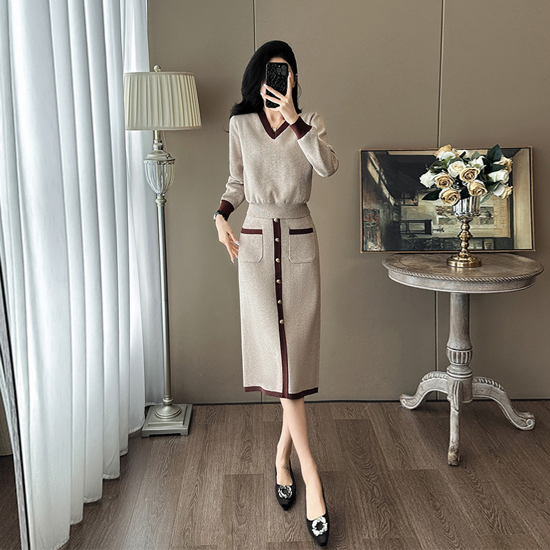 小香风气质穿搭一整套女2024秋冬洋气v领针织衫半身裙时尚两件套
