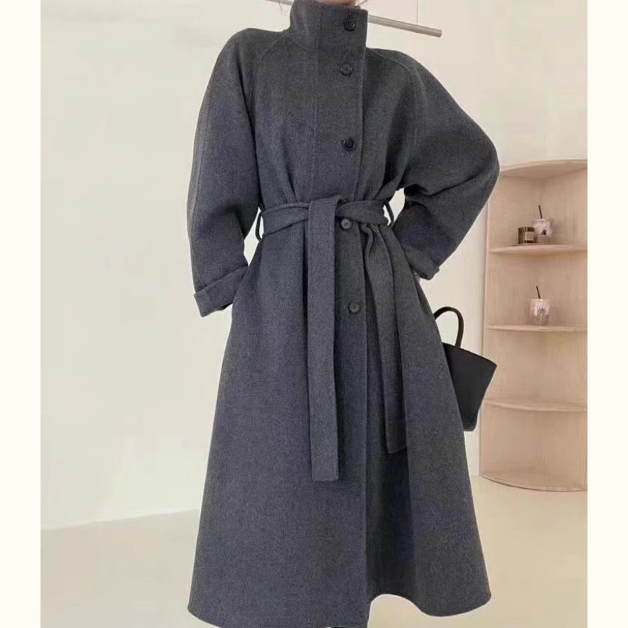 简漫羊立领双面羊毛大衣女中长款秋冬新款单排扣腰带加厚毛呢外套