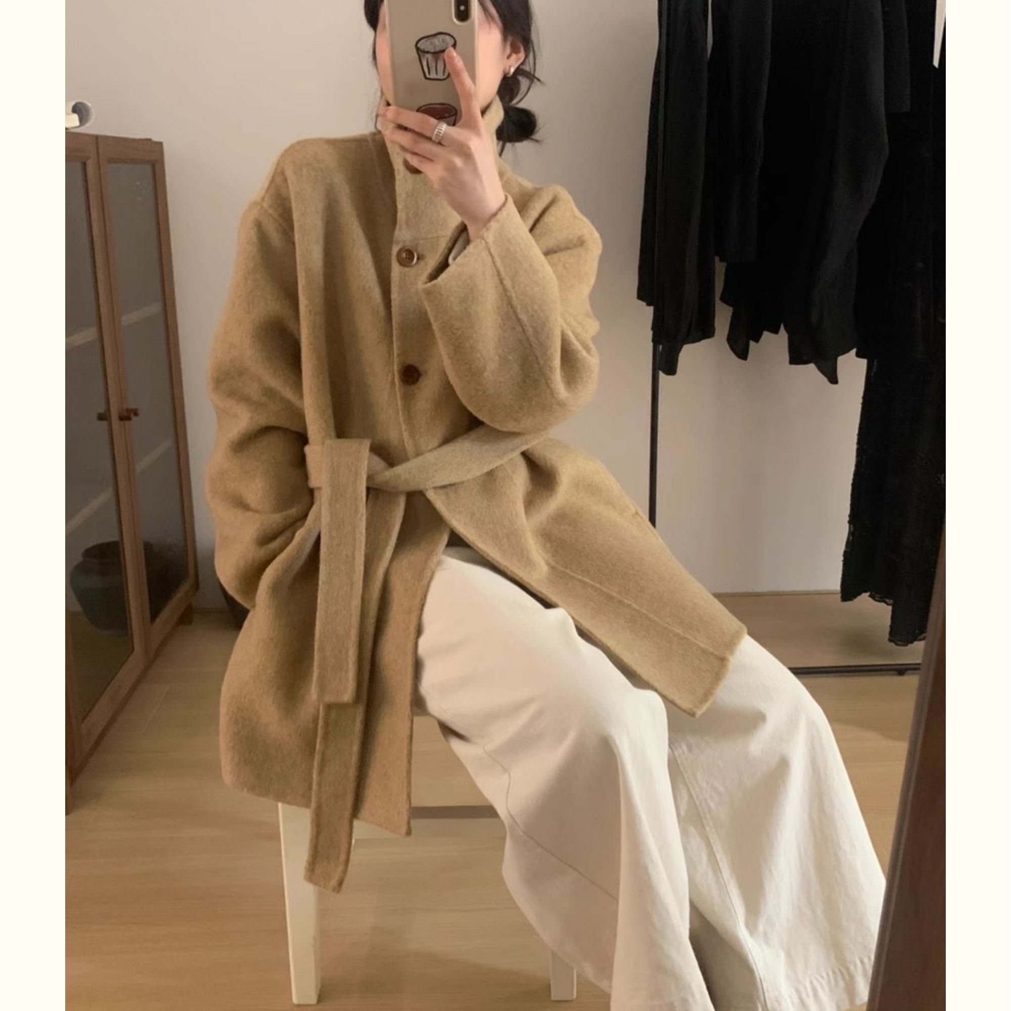 秋冬立领系带短款双面羊毛大衣女韩系高领宽松显瘦毛呢外套上衣女