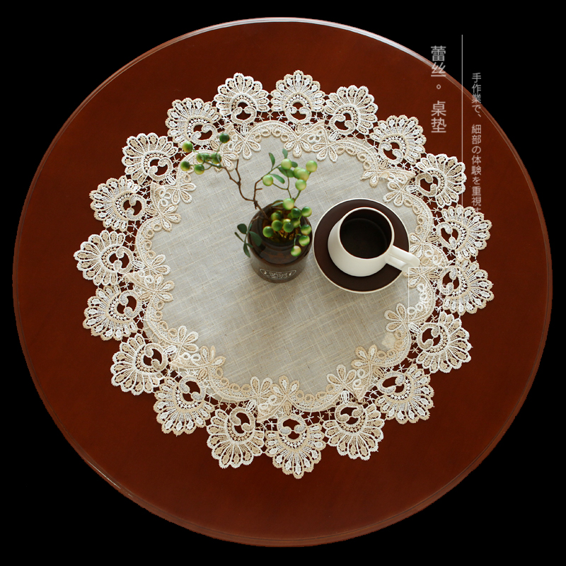 唯米9957简约麻棉圆桌布茶几布镂空桌垫隔热餐垫茶杯垫圆形小桌布
