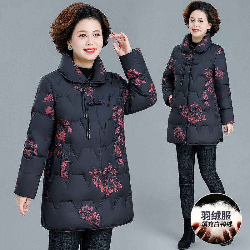 复古中国风印花羽绒服中老年妈妈冬装新款鸭绒保暖外套奶奶袄子