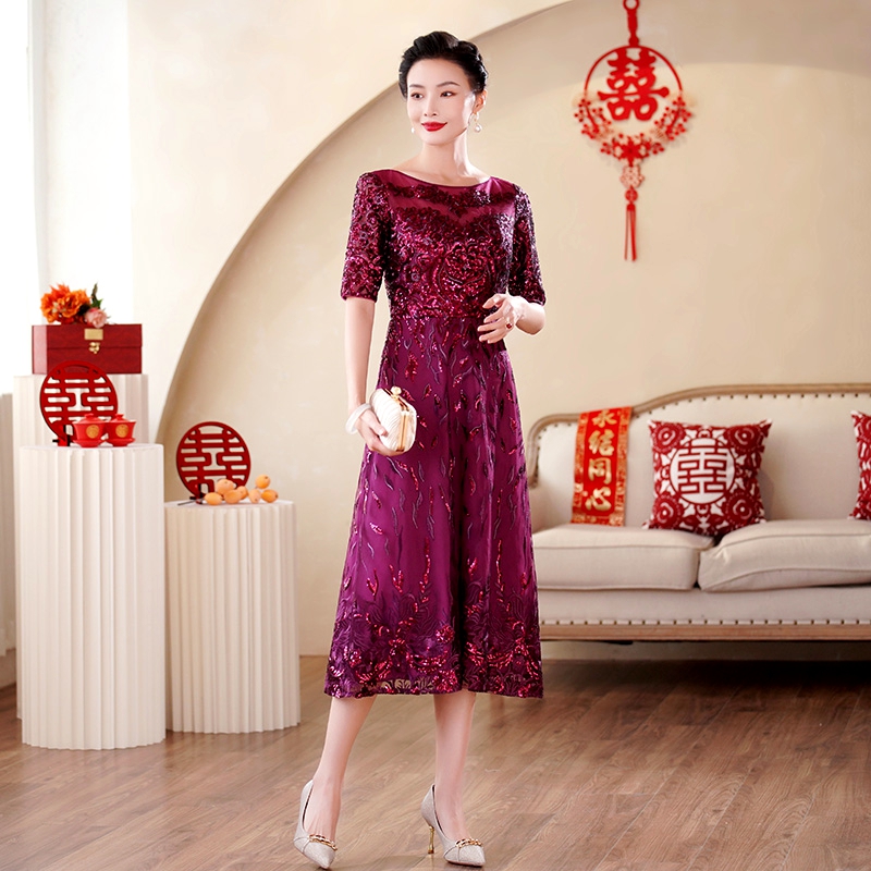 高端大气喜婆婆礼服高贵年轻女方妈妈婚宴礼服紫色连衣裙平时可穿