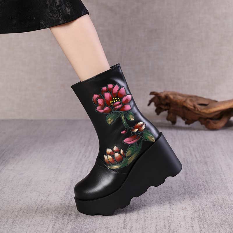 复古民族风绣花坡跟高跟真皮短靴加绒保暖马丁靴圆头中筒棉靴女鞋