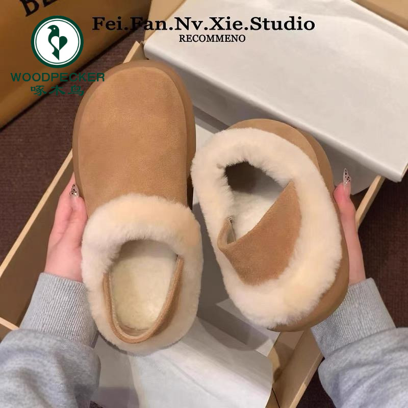 啄木鸟2025冬季新款一脚蹬毛毛鞋两穿勃肯鞋女士棉鞋休闲雪地靴女