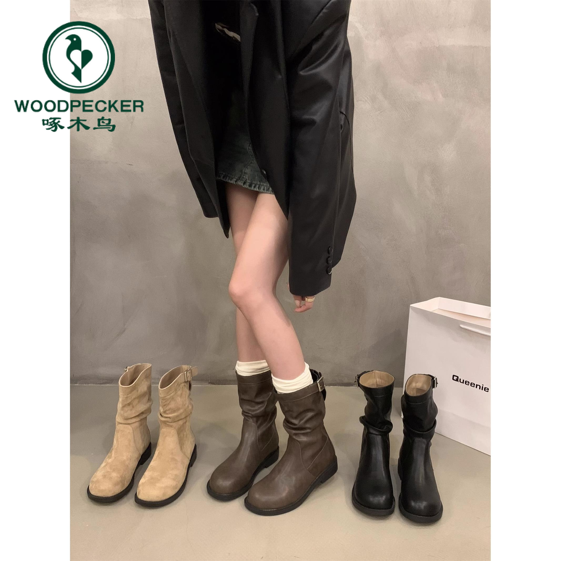 啄木鸟粗跟复古中筒靴女2025年新款春秋韩版堆堆靴小短靴马丁靴子