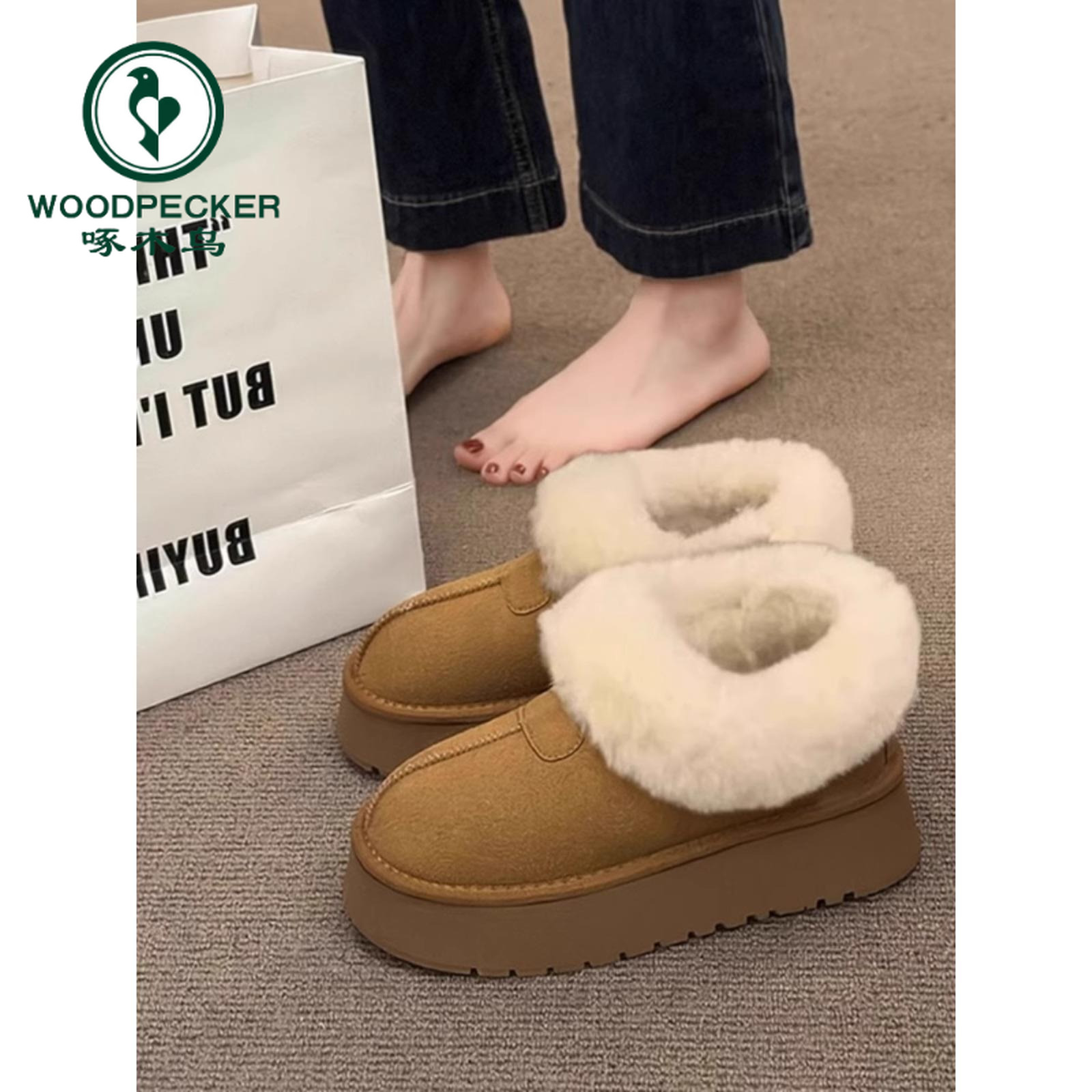 啄木鸟厚底雪地靴女2025冬季加绒加厚东北大棉鞋一脚蹬面包毛毛鞋