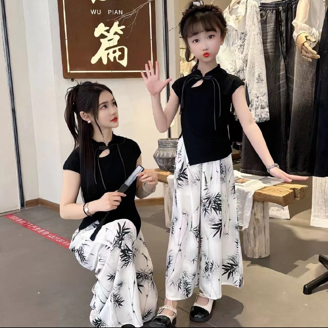 【水墨丹青】女童复古2025新款夏款新中式水墨国风两件套汉服亲子