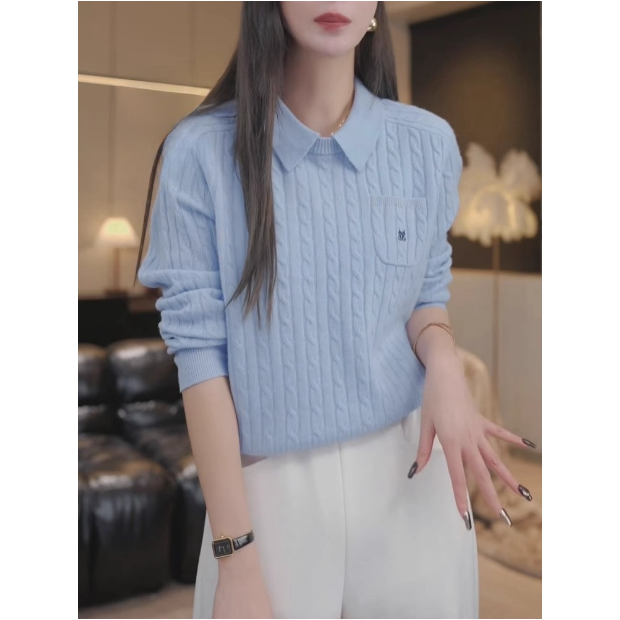 翻领学院风刺绣长袖针织衫上衣秋冬新款时尚洋气蓝色百搭套头毛衣