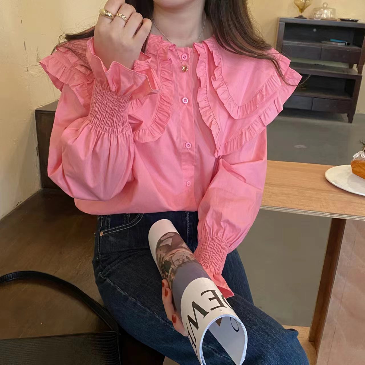 大码衬衫女感小众双层荷叶娃娃领衬衫喇叭袖白色长袖衬衣女新国风