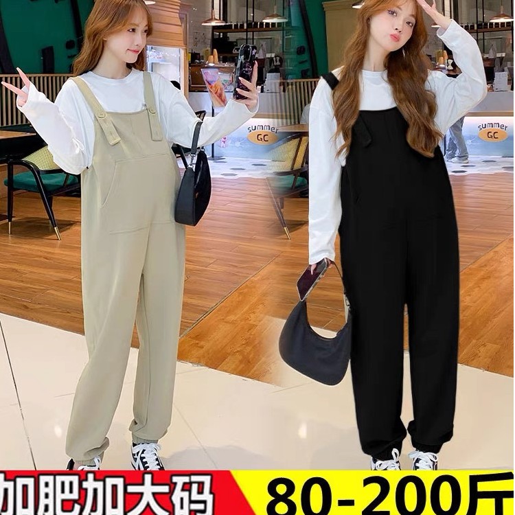 大码孕妇背带裤春秋新款时尚可调节遮肚长裤胖MM减龄托腹裤200斤