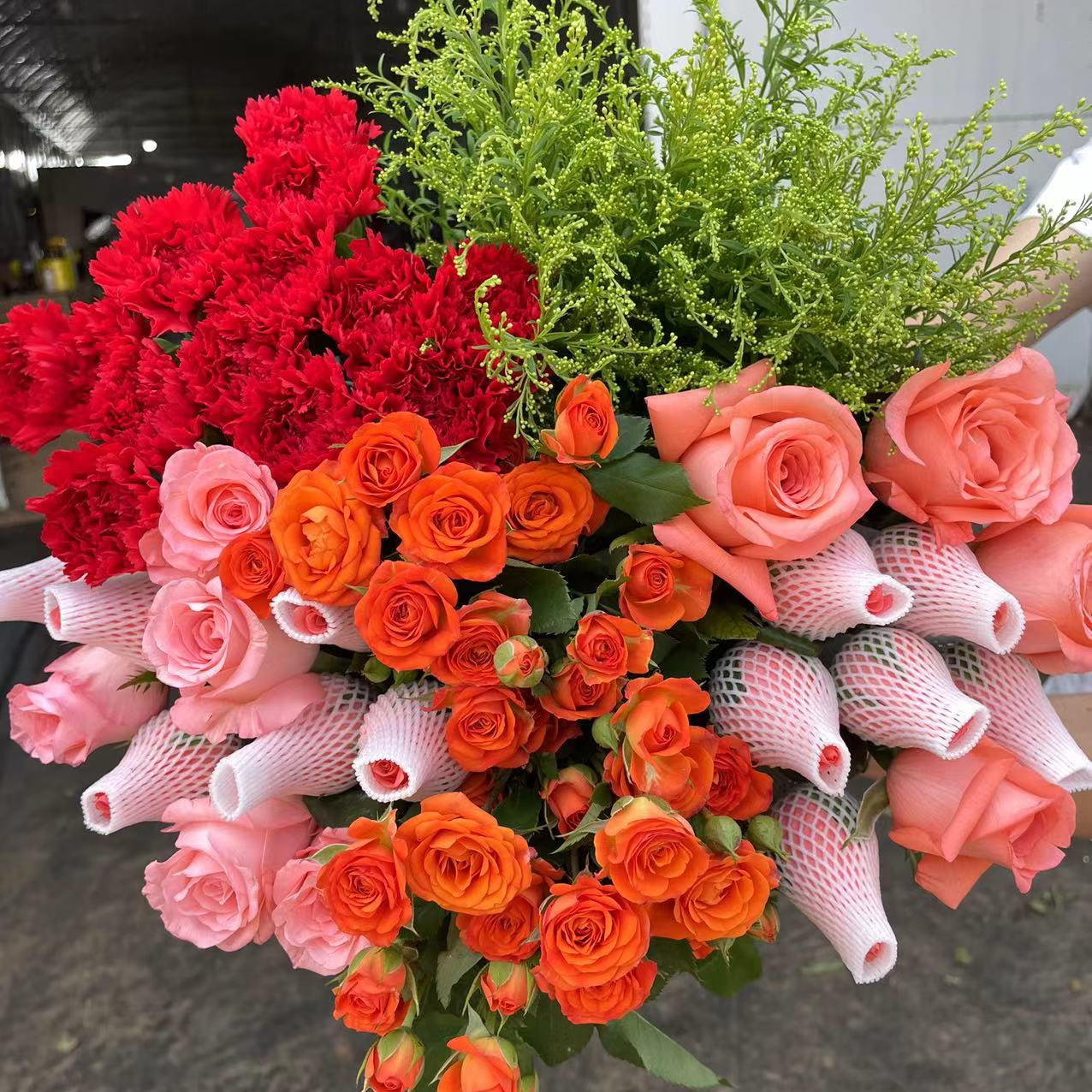 【爆款福利】粉玫瑰10枝+康乃馨10枝+橙色芭比3枝+配草云南昆明鲜花