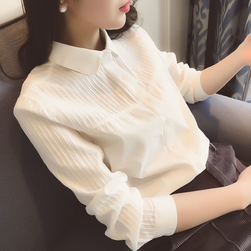 2024春秋通勤文艺白衬衫女长袖娃娃领纯棉修身打底职业装打底衬衣