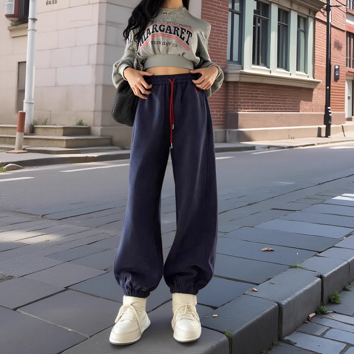 大码美式运动裤女秋冬新款高腰显瘦哈伦灯笼休闲束脚加绒卫裤子潮