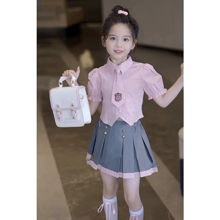 女童学院风套装夏季2025款女宝宝甜美jk制服衬衫洋气百褶裙两件套